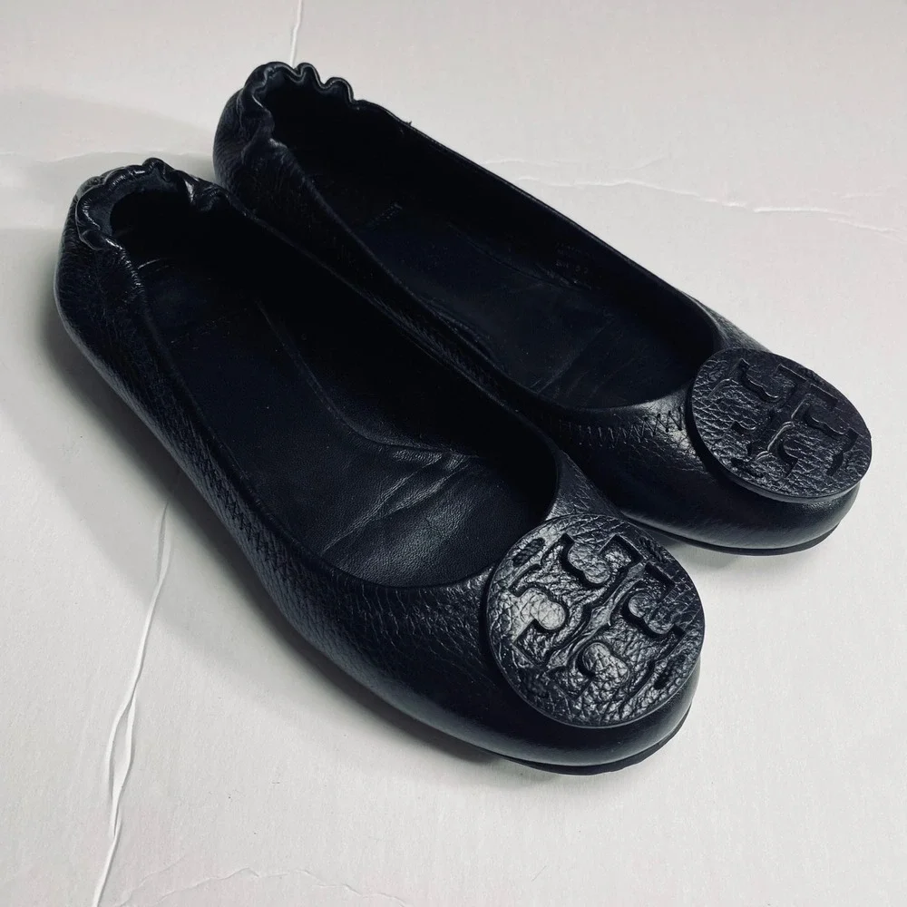 Tory Burch Reva Tumbled Leather Slip On‎ Ballet Flats in Classic Black Size 5.5
